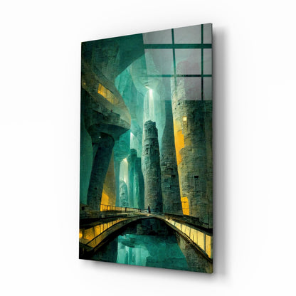 Glass wall art displaying a fantasy underground passage with stone towers, arched bridges, turquoise lighting, and yellow-lit windows reflected in water below.