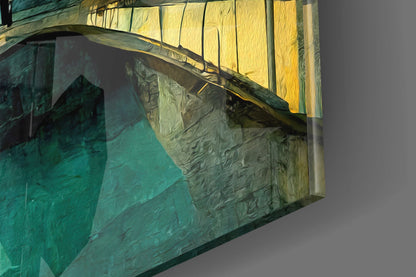 Close-up angled view of layered glass wall art with turquoise, green, and yellow translucent panels casting shadows.