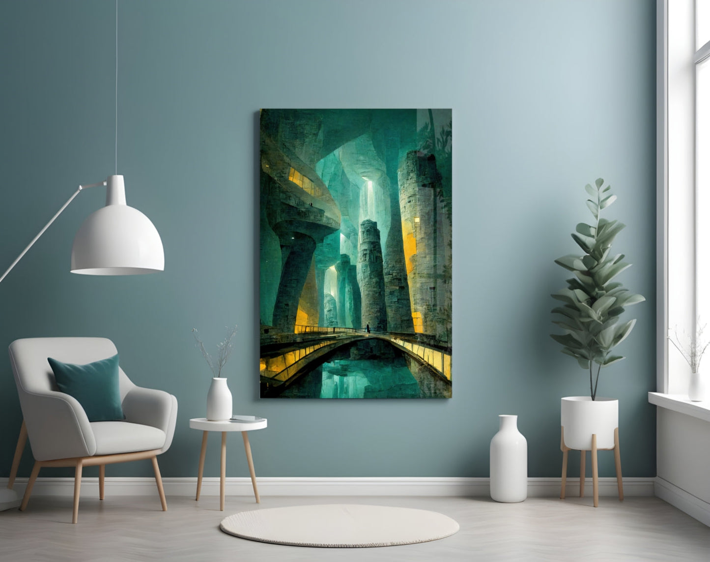 Underground Glass Wall Art depicting futuristic turquoise and yellow architectural structures with illuminated bridge in modern living room setting.