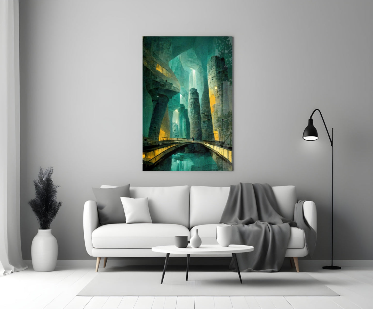 Underground Glass Wall Art displayed above white sofa in modern living room setting with teal and yellow tones.