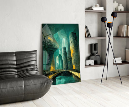Modern living room with teal and yellow underground passage glass wall art leaning against white wall beside gray leather chair.