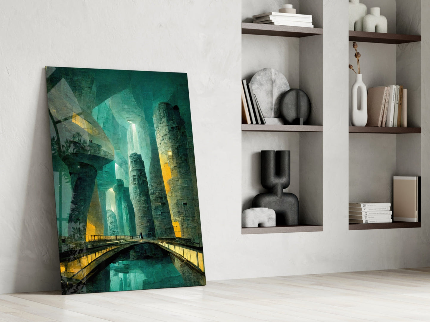 Underground Glass Wall Art leaning against white wall beside wooden shelves displaying decorative vases and books, featuring turquoise and yellow architectural tunnel scene.