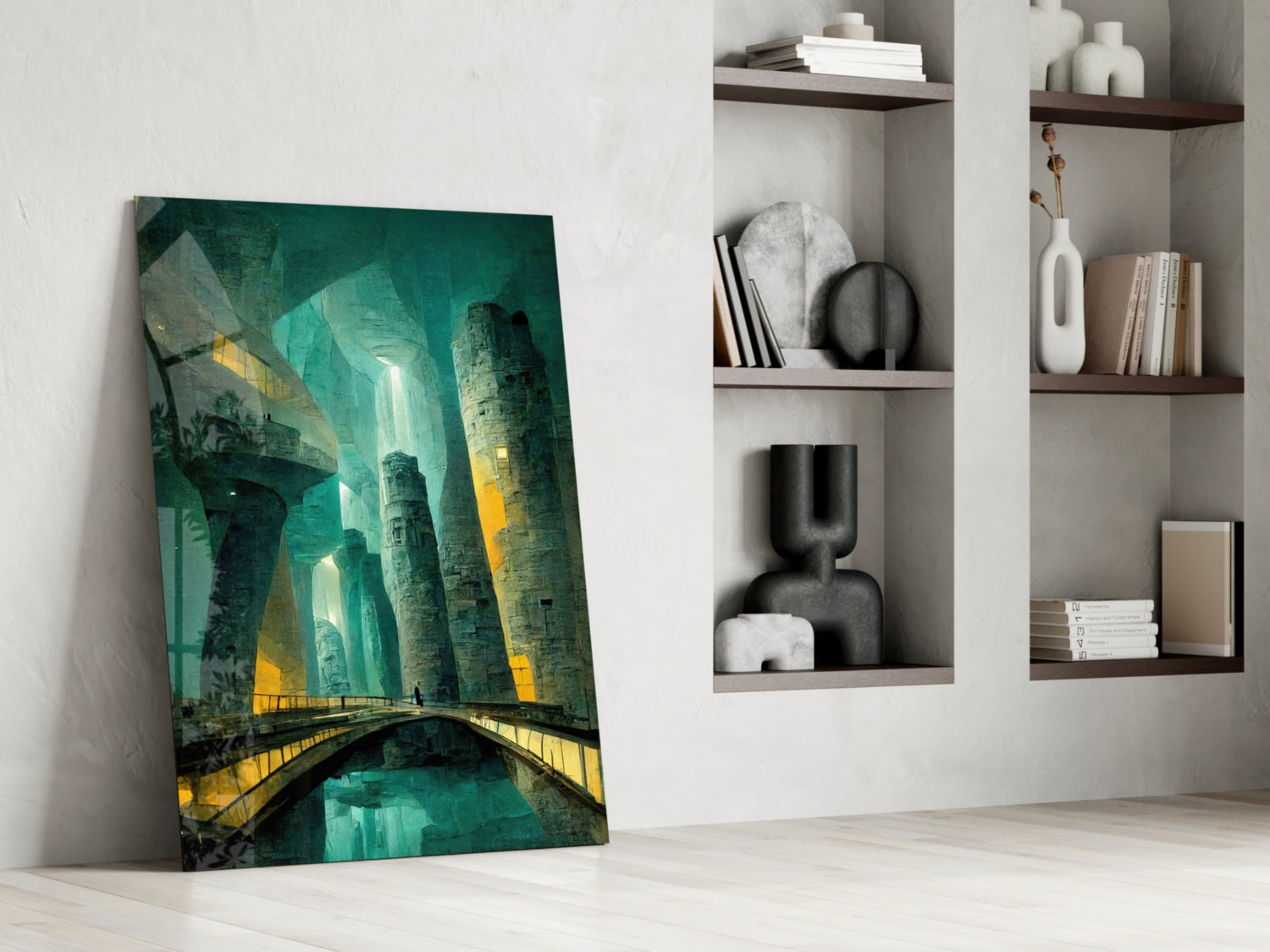 Underground Glass Wall Art leaning against white wall beside wooden shelves displaying decorative vases and books, featuring turquoise and yellow architectural tunnel scene.