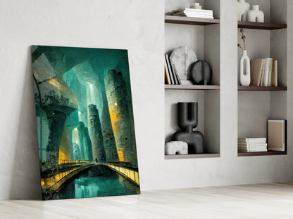 Underground Glass Wall Art leaning against white wall beside wooden shelves displaying decorative vases and books, featuring turquoise and yellow architectural tunnel scene.