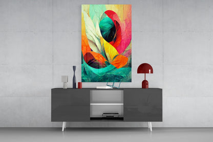 Teal Wave Orange Petal Abstract Glass Wall Art