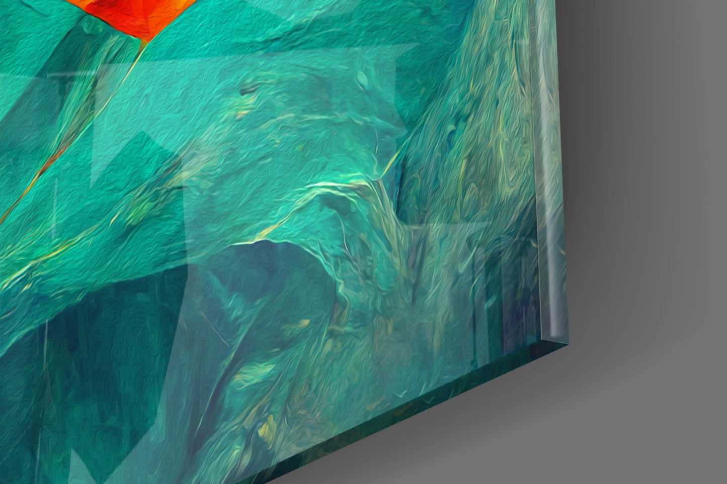 Teal Wave Orange Petal Abstract Glass Wall Art