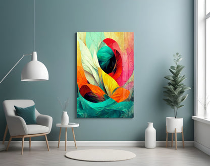Teal Wave Orange Petal Abstract Glass Wall Art