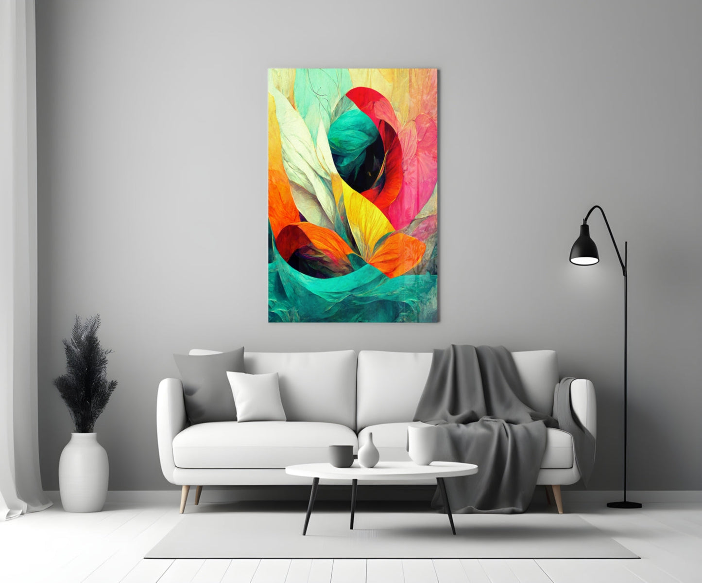 Teal Wave Orange Petal Abstract Glass Wall Art