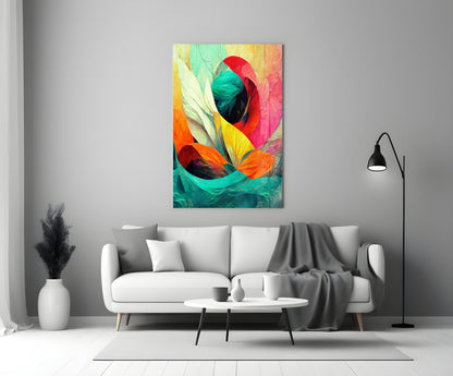 Teal Wave Orange Petal Abstract Glass Wall Art