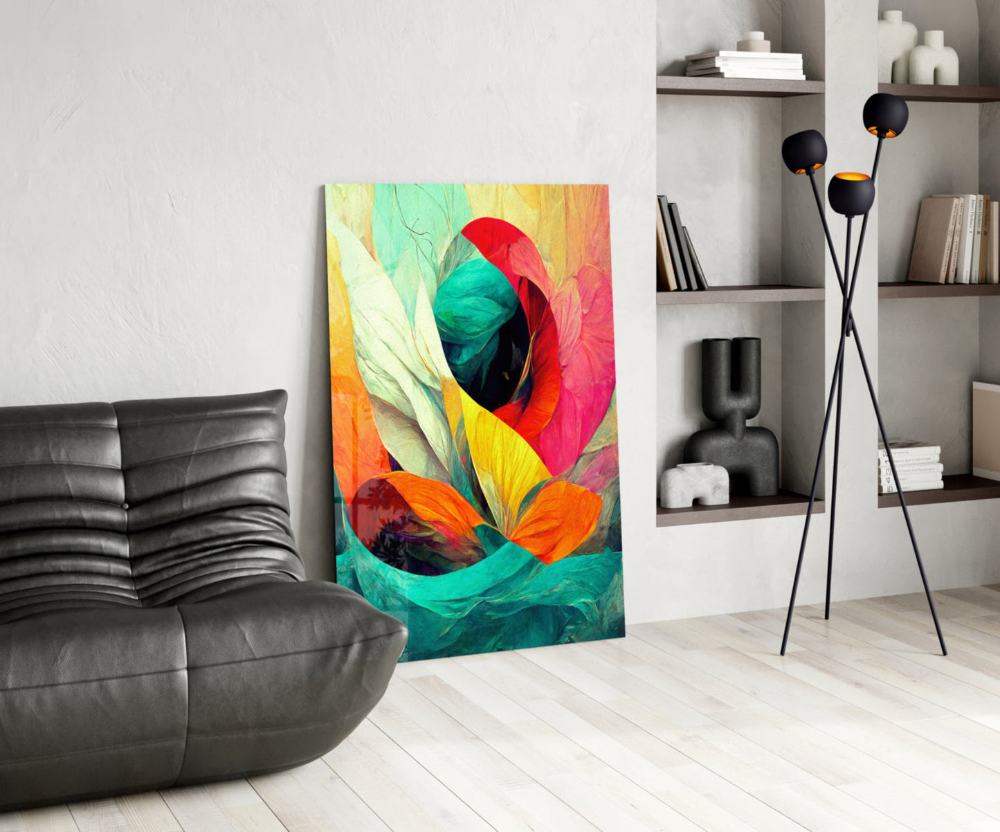 Teal Wave Orange Petal Abstract Glass Wall Art