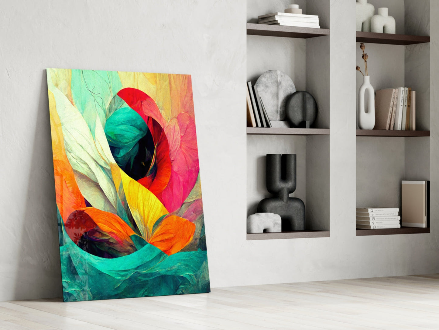 Teal Wave Orange Petal Abstract Glass Wall Art
