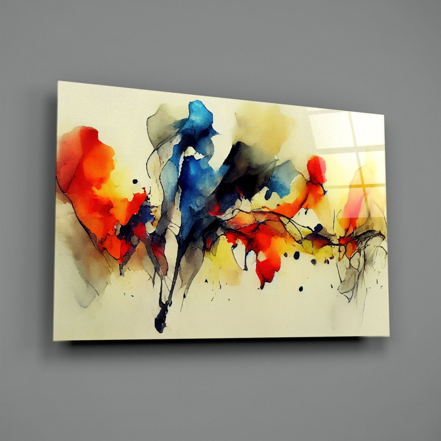 Abstract watercolor glass wall art featuring vibrant red, blue, and yellow ink washes with black line details on cream background.