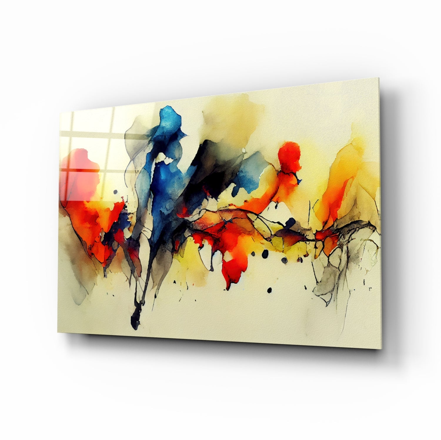Abstract watercolor glass wall art featuring silhouetted figures in blue, red, and yellow washes on cream background, angled perspective view.