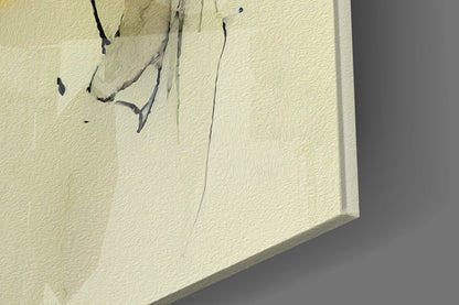 Close-up angled view of cream textured glass wall art with black ink abstract design and visible edge thickness.