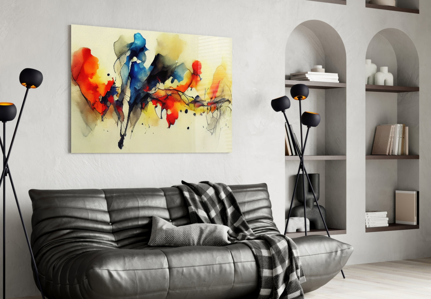 Frequency glass wall art in vibrant red, blue, and yellow abstract watercolor design displayed above black leather sofa in modern living room.