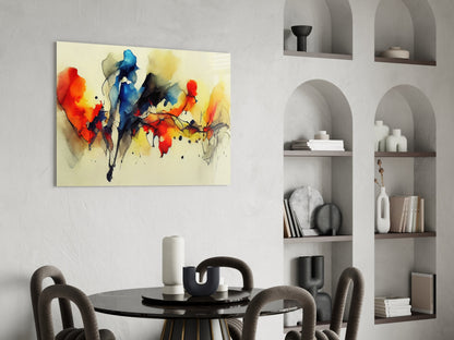 Colorful abstract watercolor art featuring red, blue, and yellow splashes on cream background, displayed above black dining table in modern interior.