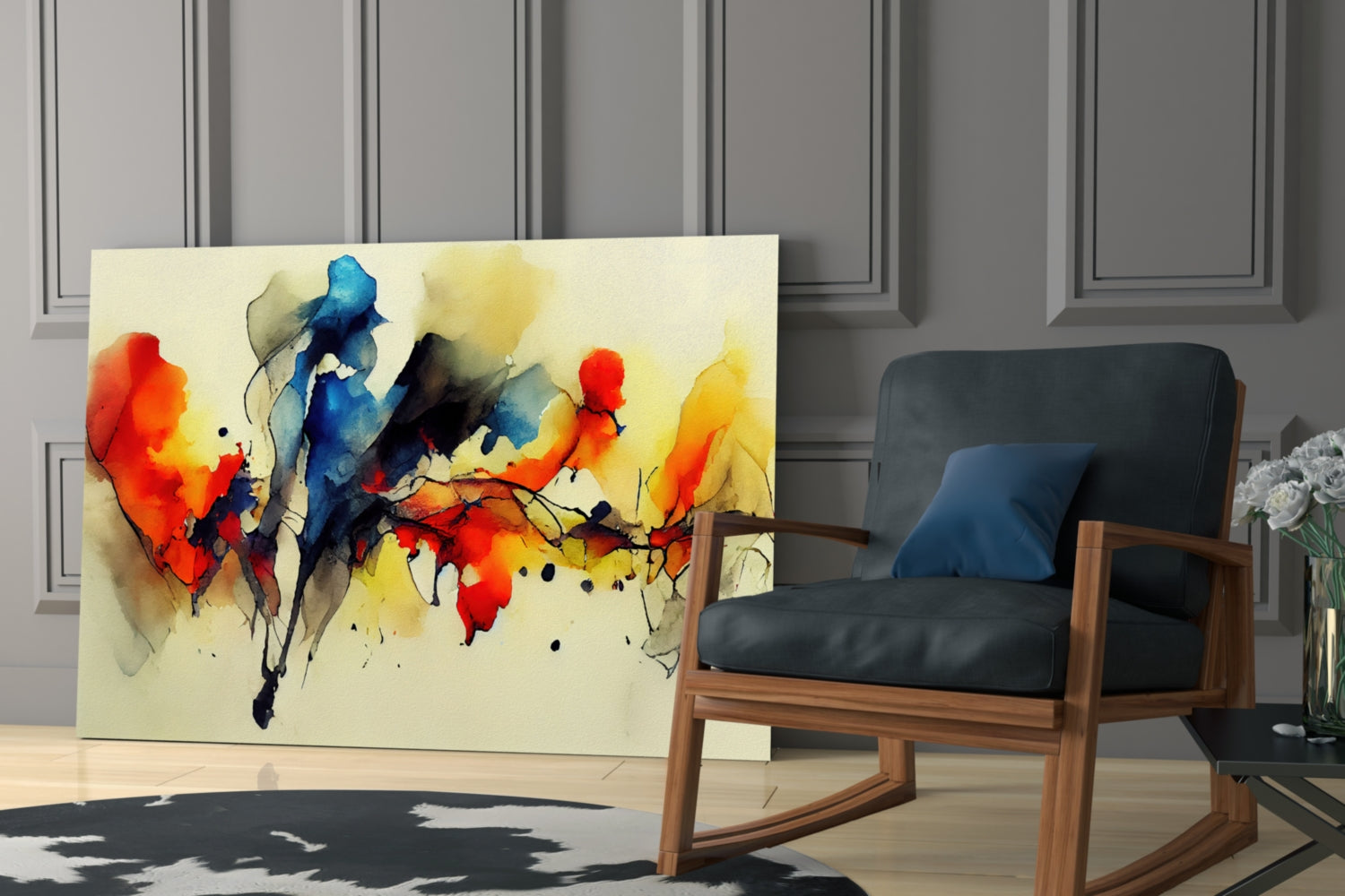 Abstract watercolor glass art featuring vibrant red, blue, and yellow splashes displayed in modern living room setting.