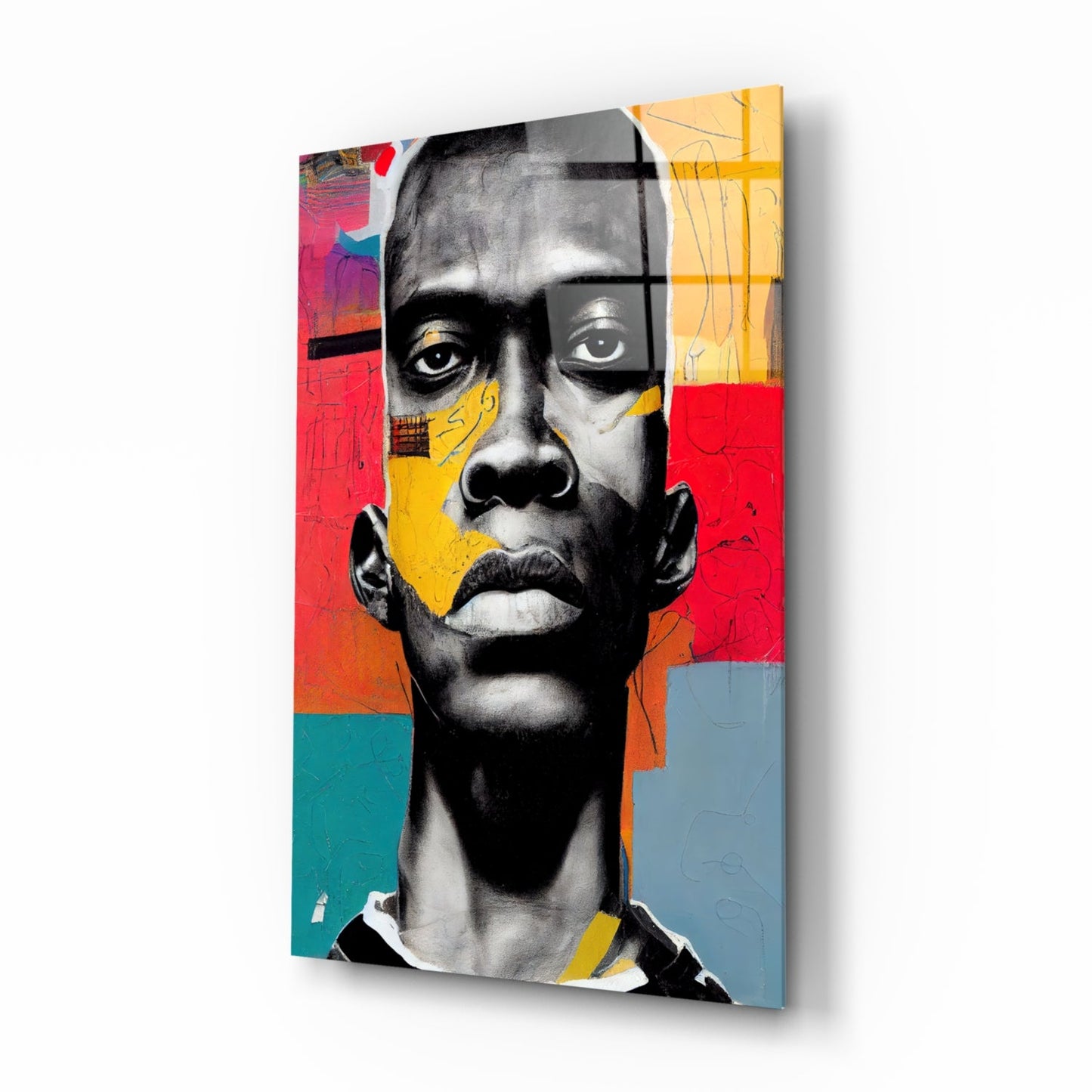 Canvas wall art featuring a stylized black and white portrait with geometric colored overlays in red, yellow, teal, and gray, displayed at an angle.