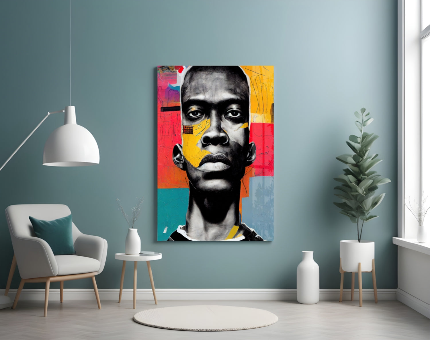 Modern living room featuring a colorful pop art portrait with black and white face against red, yellow, and teal geometric backgrounds on wall.