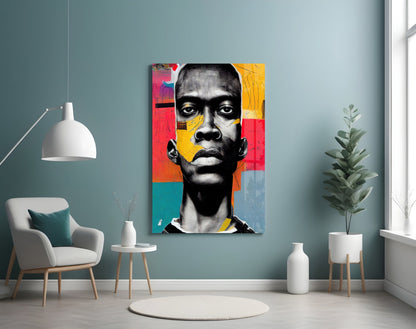 Modern living room featuring a colorful pop art portrait with black and white face against red, yellow, and teal geometric backgrounds on wall.