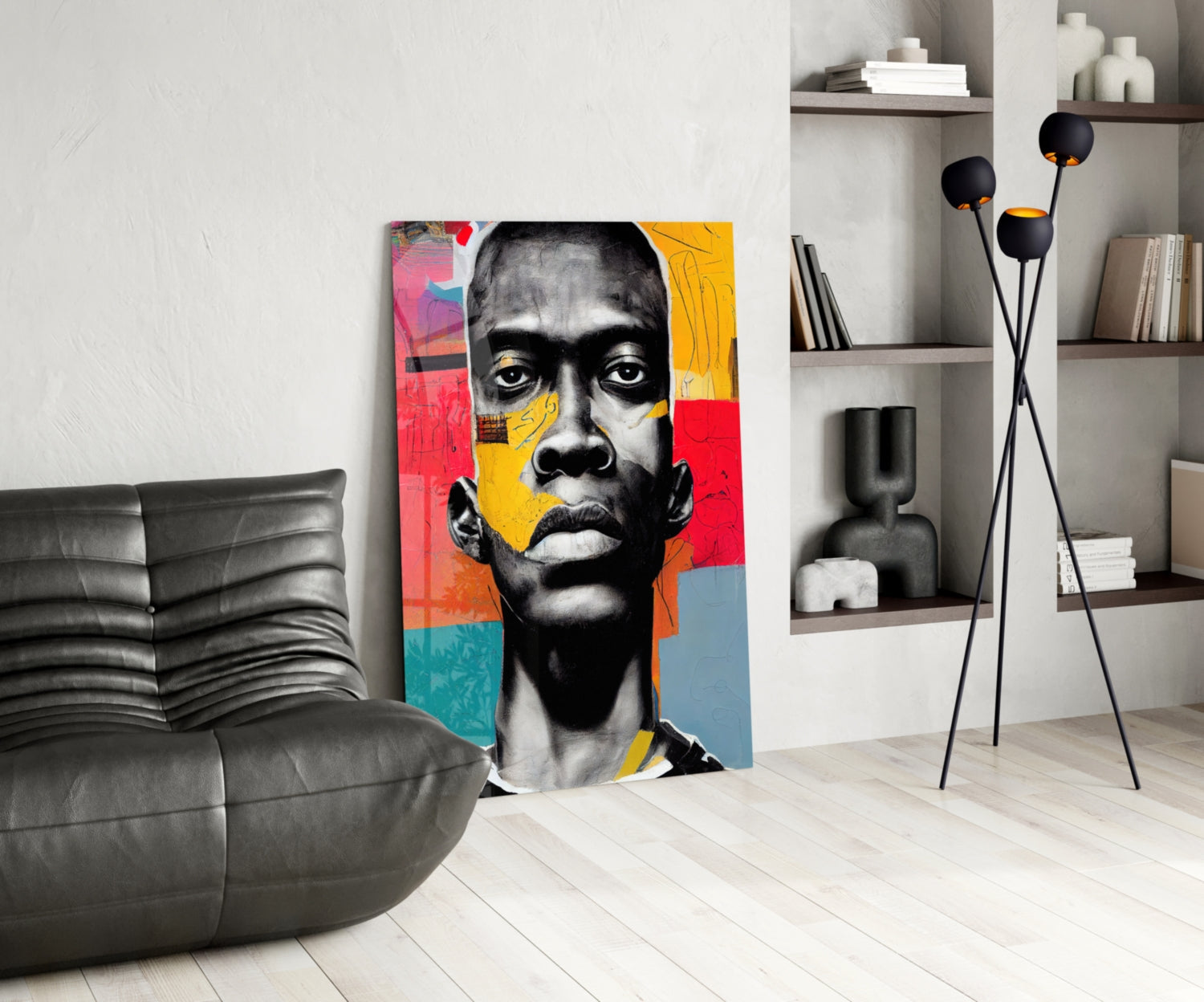 Modern living room interior featuring a colorful pop art portrait canvas with vibrant red, yellow, and blue sections alongside black and white facial imagery.