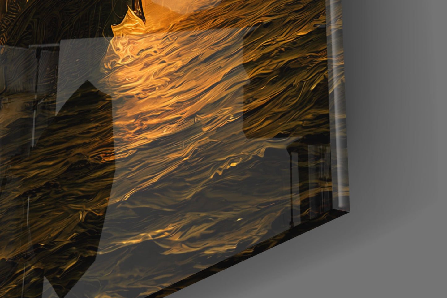 Close-up detail of Red Storm Glass Wall Art showing swirling gold and black marbled glass patterns with light reflection.