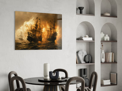 Golden-toned glass wall art depicting two tall ships engulfed in flames on turbulent seas, hung above a round black dining table.