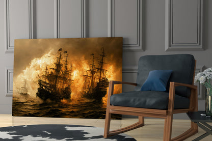 Red Storm Glass Wall Art displayed on floor against paneled wall next to wooden chair with blue cushion in modern interior setting.