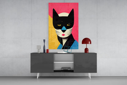 Masked Cat on Pink Grid Backdrop Glass Wall Art