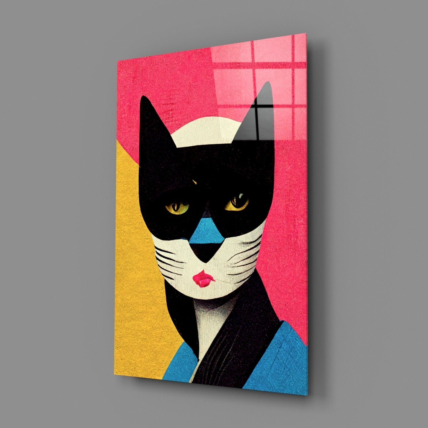 Masked Cat on Pink Grid Backdrop Glass Wall Art