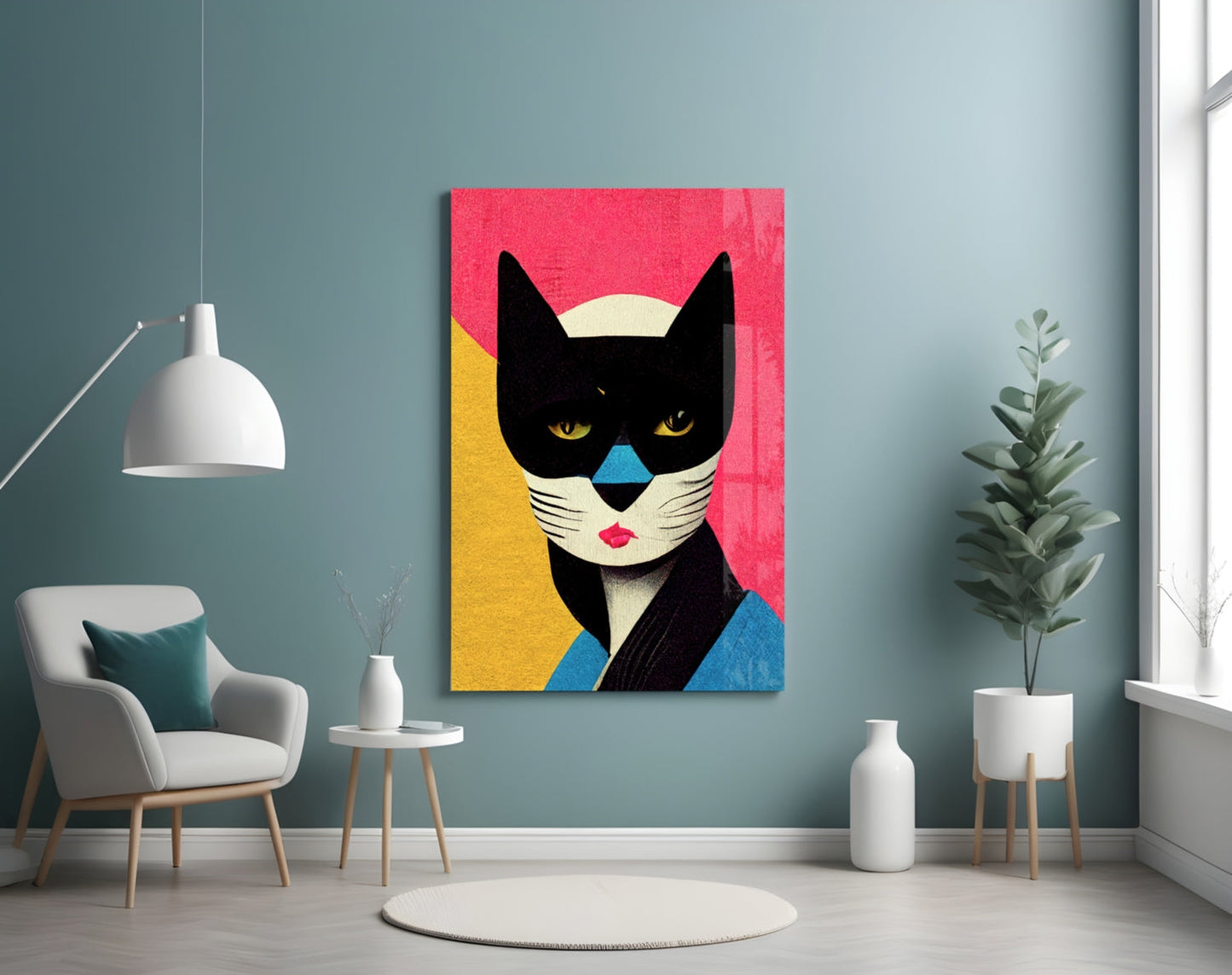 Masked Cat on Pink Grid Backdrop Glass Wall Art