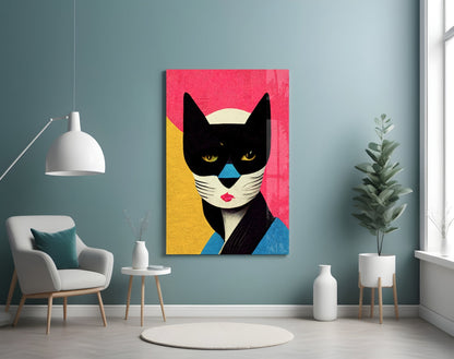 Masked Cat on Pink Grid Backdrop Glass Wall Art