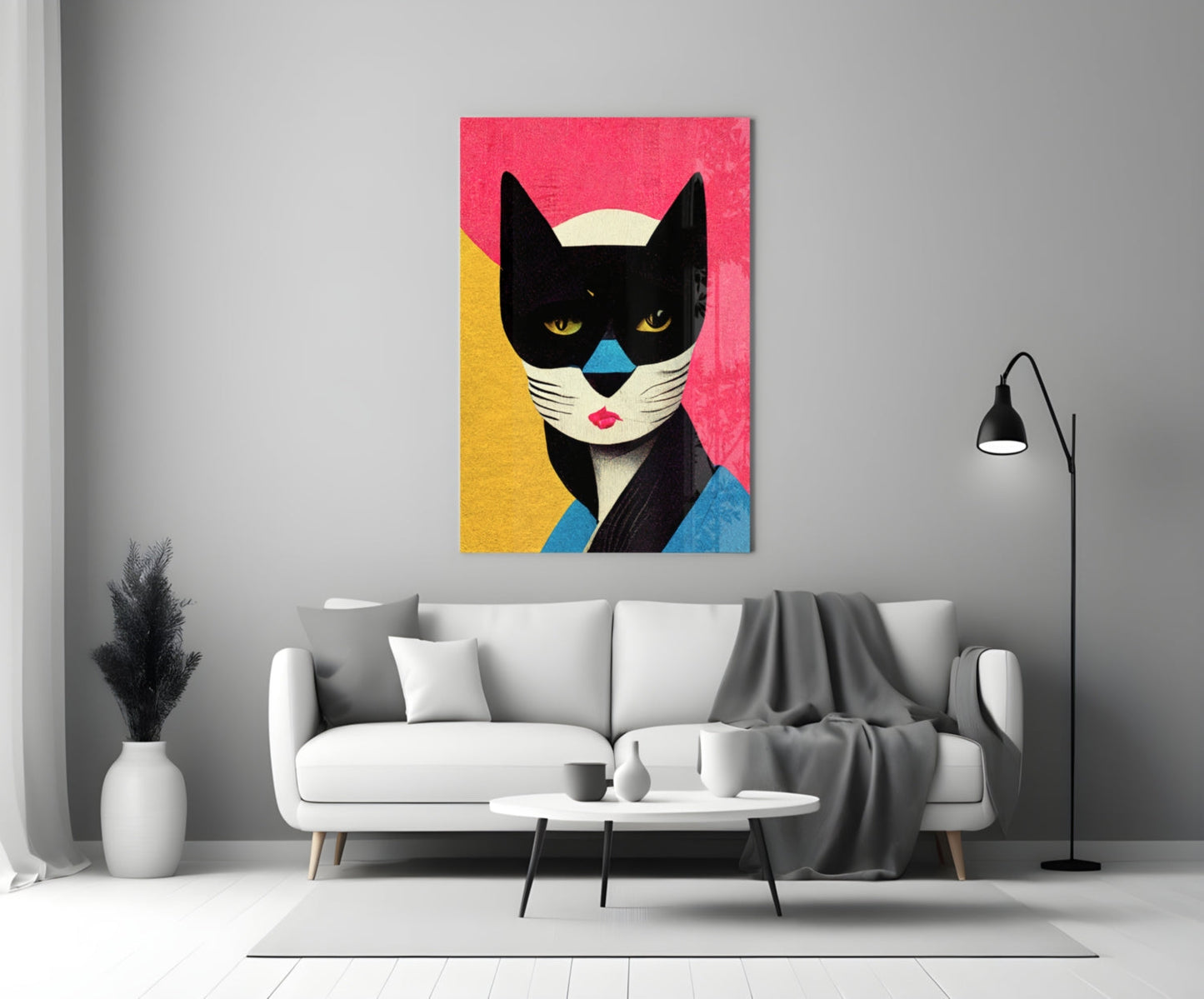 Masked Cat on Pink Grid Backdrop Glass Wall Art