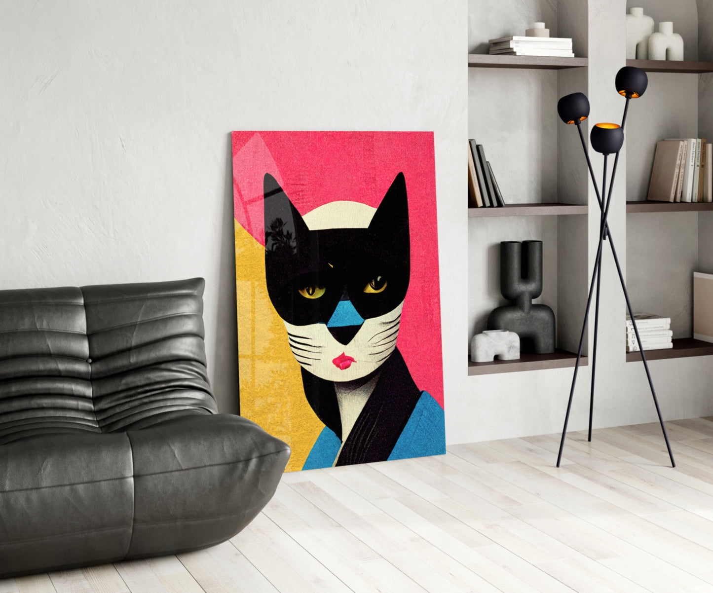 Masked Cat on Pink Grid Backdrop Glass Wall Art