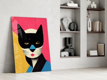Masked Cat on Pink Grid Backdrop Glass Wall Art