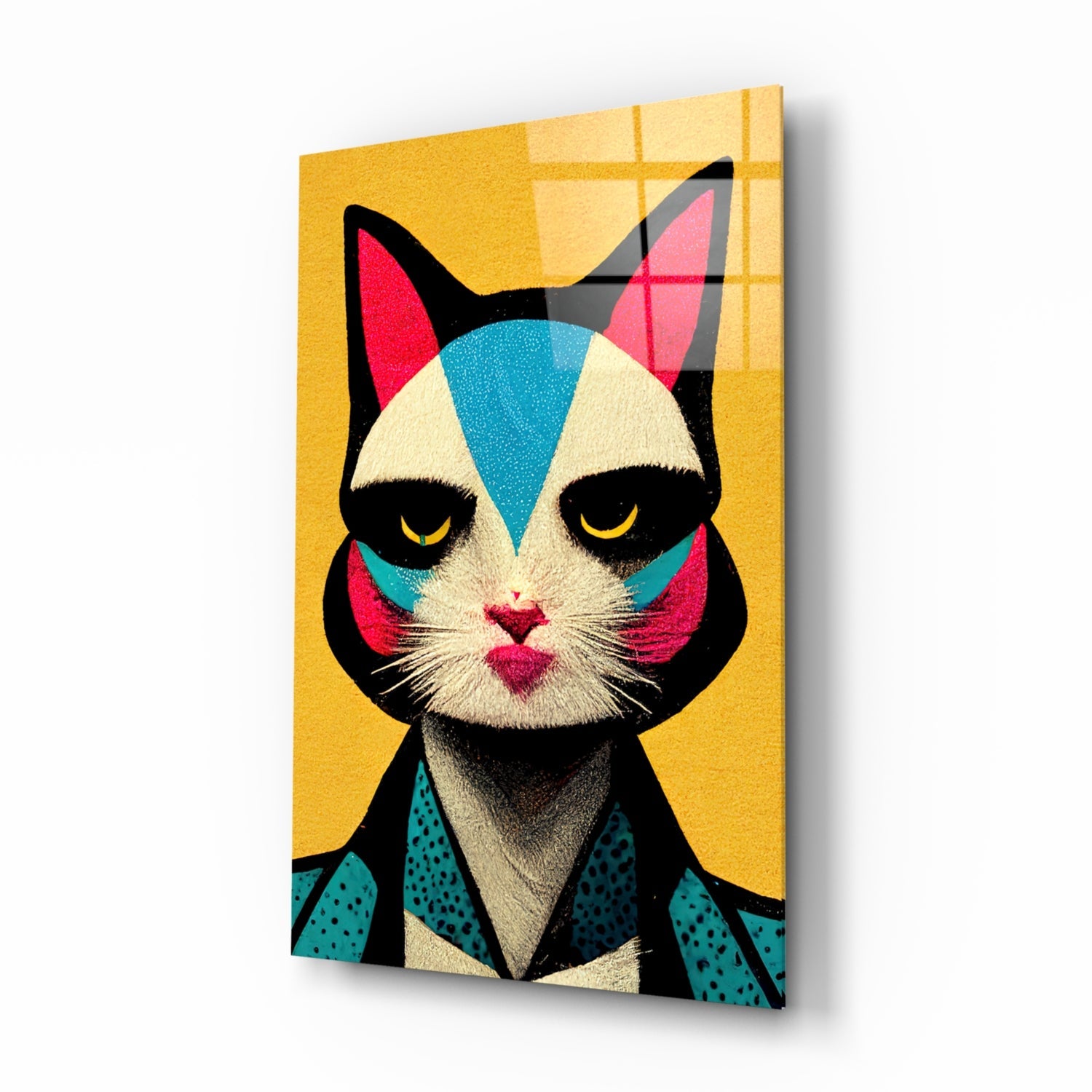 Colorful pop art cat face on yellow background displayed as a glass wall panel with geometric shapes in red, blue, and cream tones.