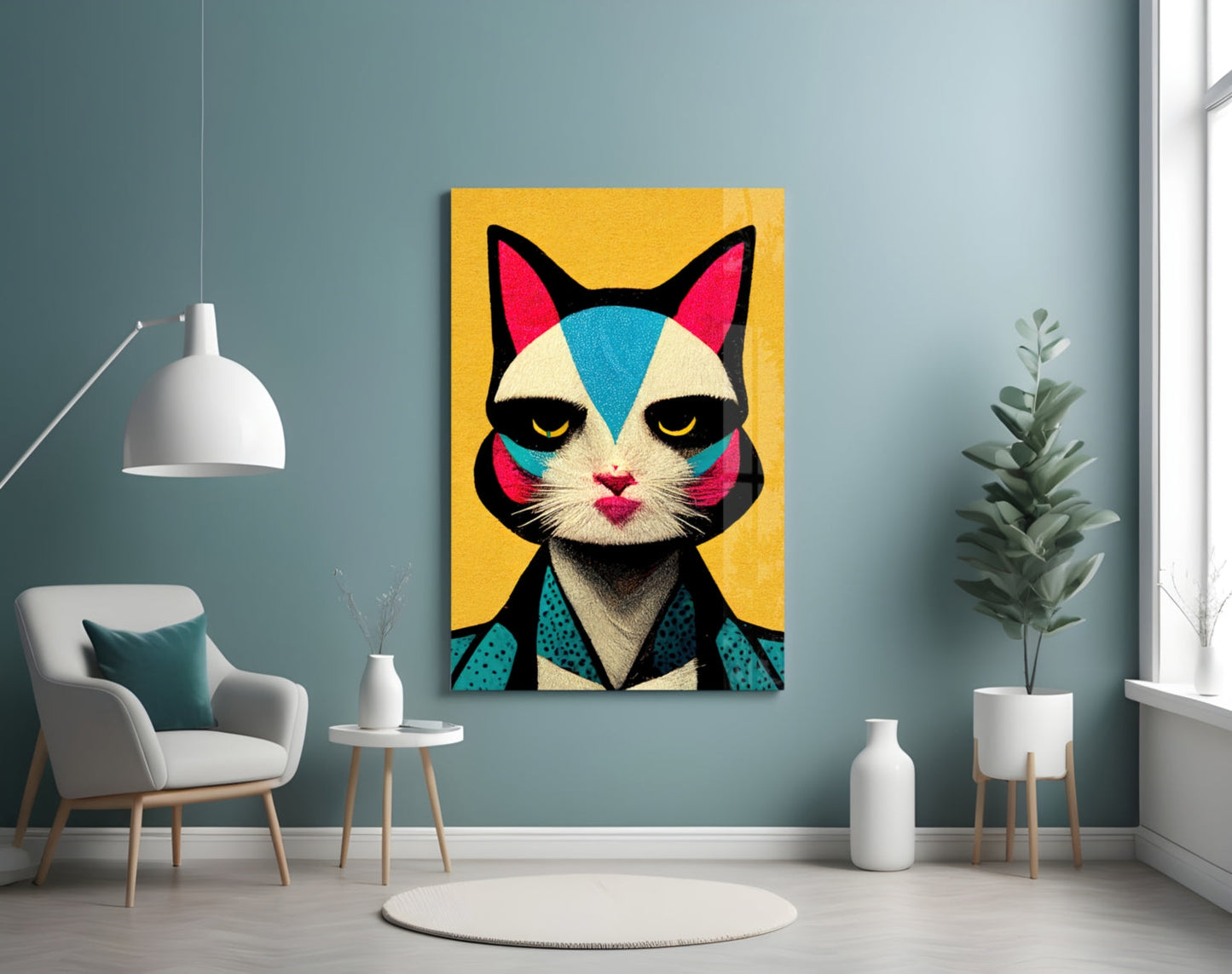 Colorful pop art cat portrait with yellow, turquoise, pink, and black geometric patterns displayed on wall above modern furniture.