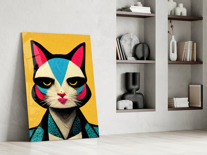 Colorful pop art cat canvas leaning against white wall beside built-in shelving with decorative objects.