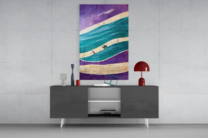 Modern living room setting with purple, teal, and cream striped glass wall art displayed above dark gray media console with red lamp.
