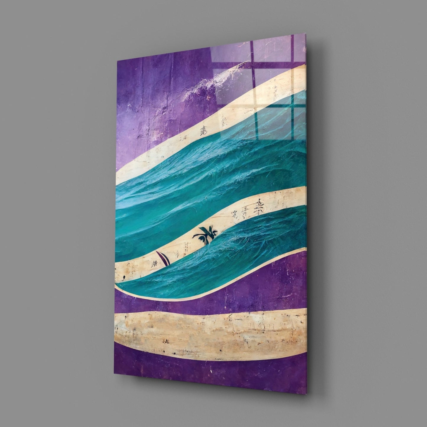Angled view of purple and turquoise glass wall art with layered wave design, cream striping, and Asian characters, mounted on gray wall.