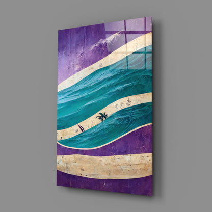 Angled view of purple and turquoise glass wall art with layered wave design, cream striping, and Asian characters, mounted on gray wall.