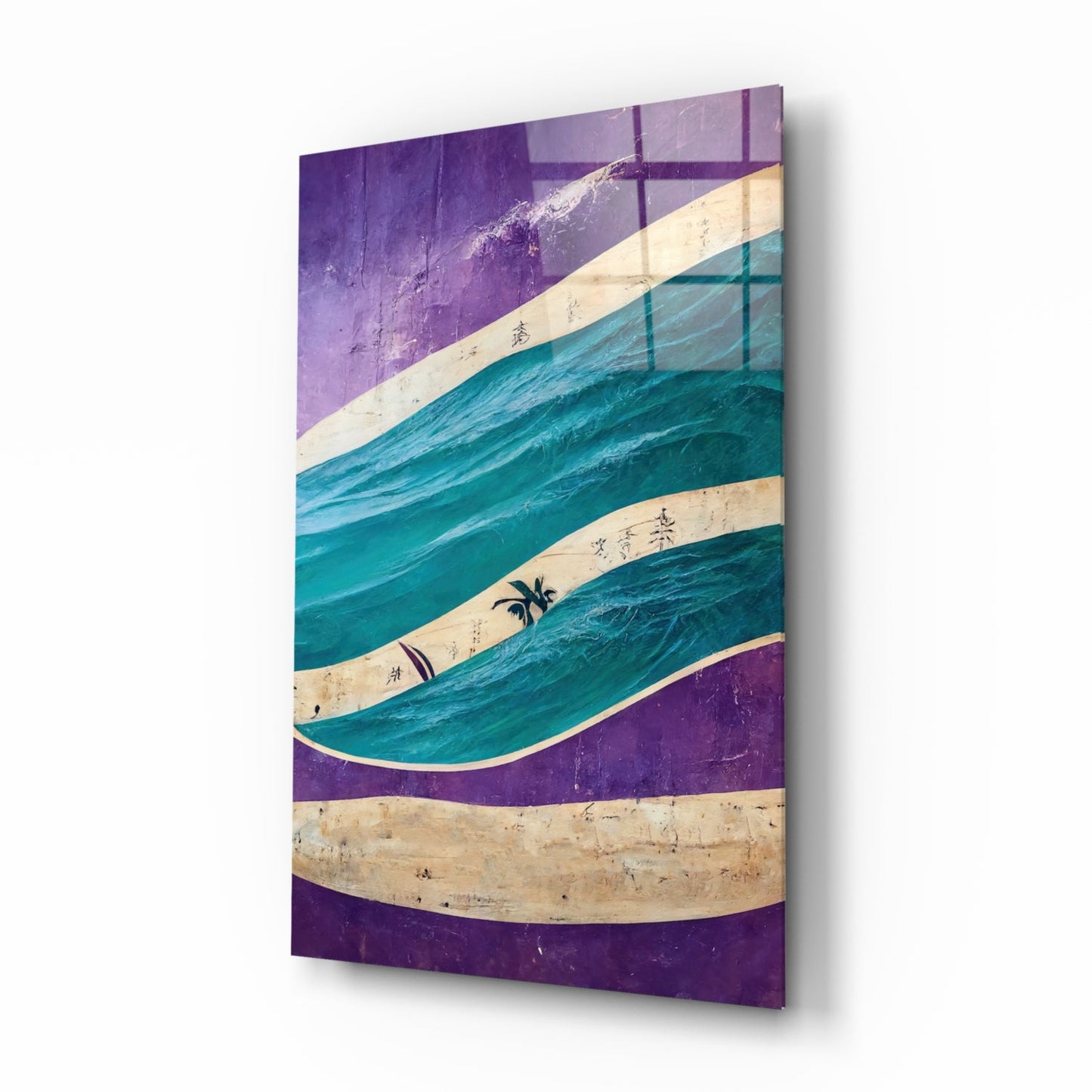 Angled front view of glass wall art featuring layered turquoise waves between purple and cream striped bands with Asian characters.