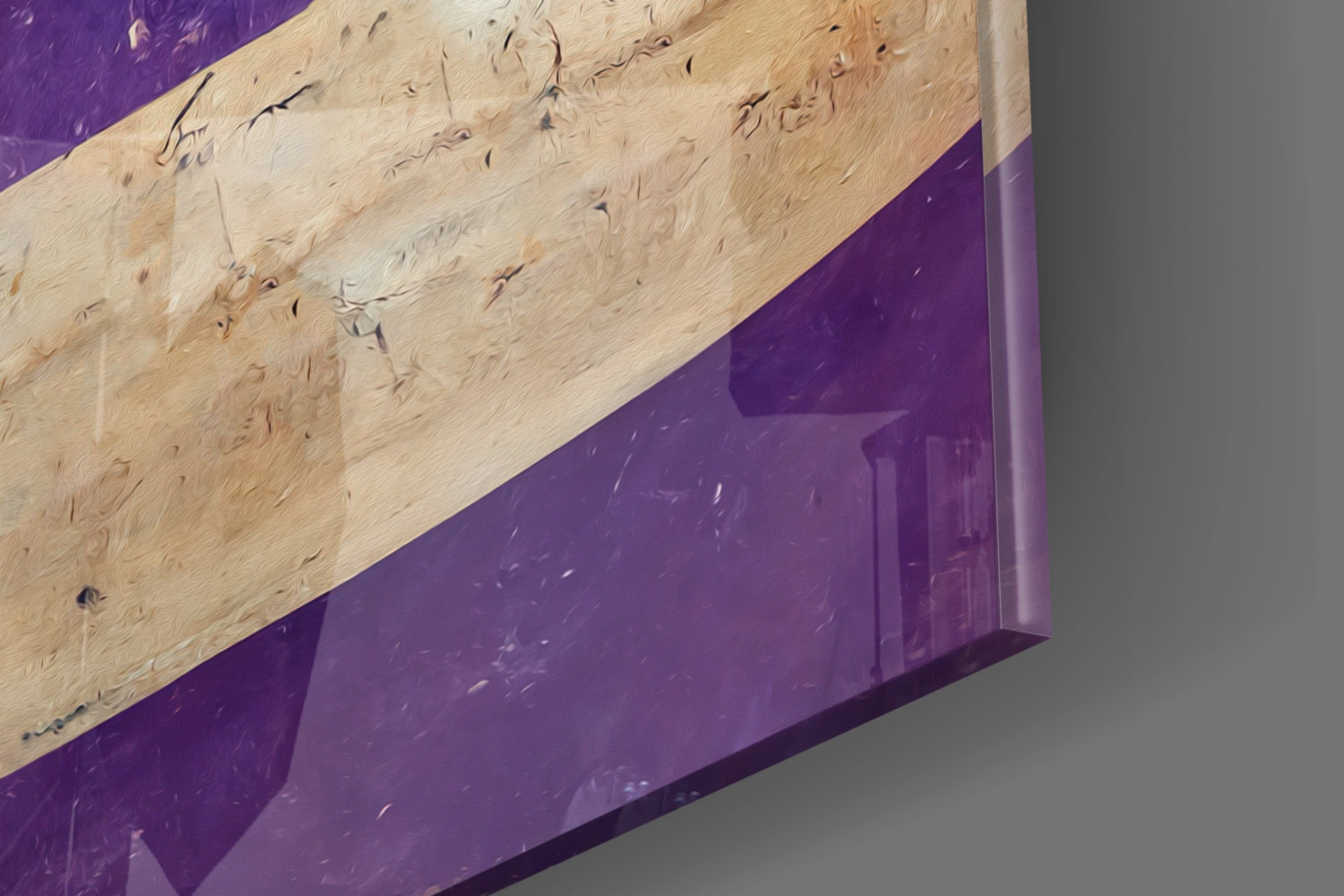 Close-up angled view of purple glass panel beneath natural wood beam, showing textured wood grain and glossy purple surface details.