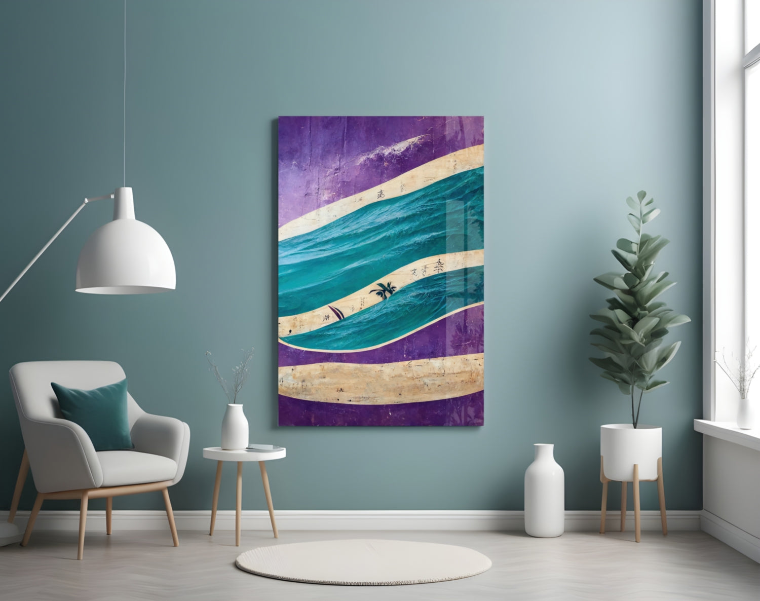 Modern living room interior featuring purple and teal striped glass wall art with surfboards displayed above a gray chair.