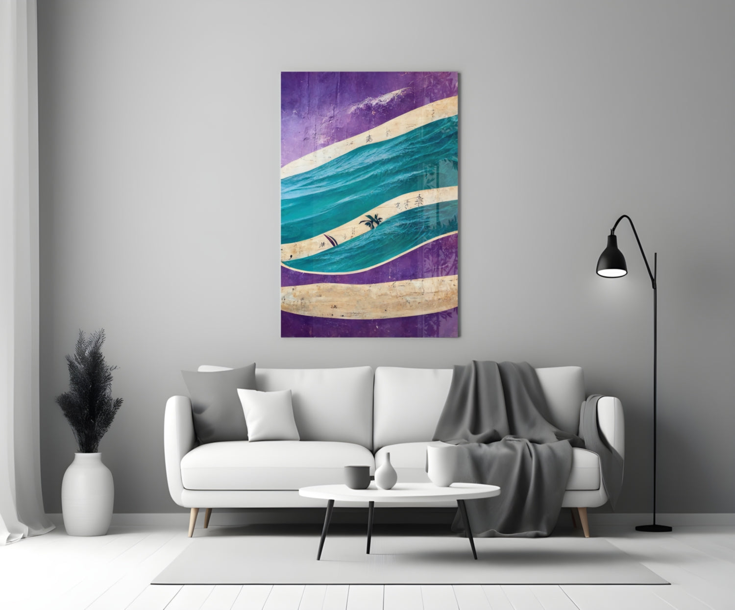 Purple and teal striped glass wall art with surfboards displayed above white sofa in modern living room interior.