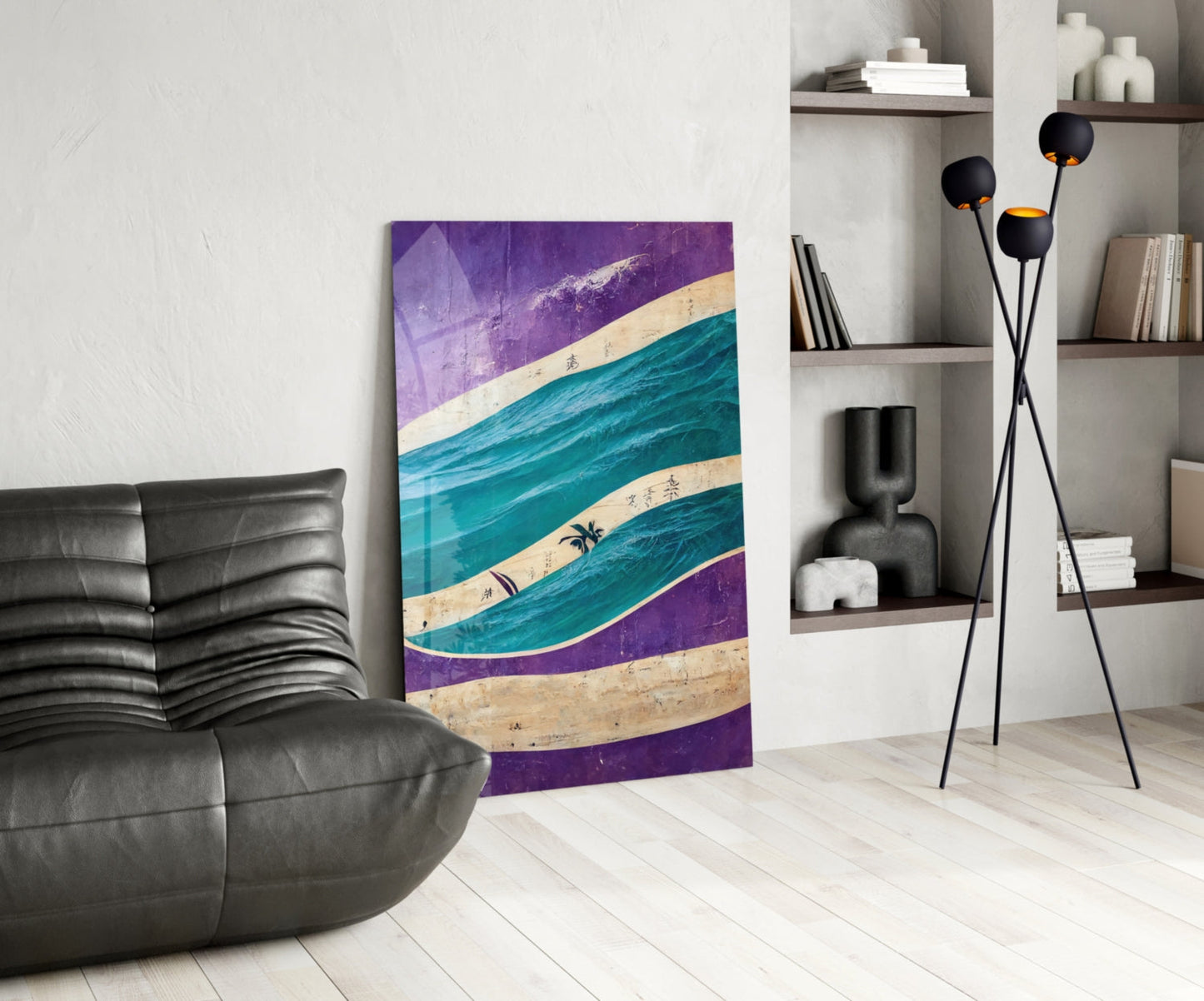 Modern living room interior featuring purple and teal striped glass wall art leaning against white wall beside black leather chair.