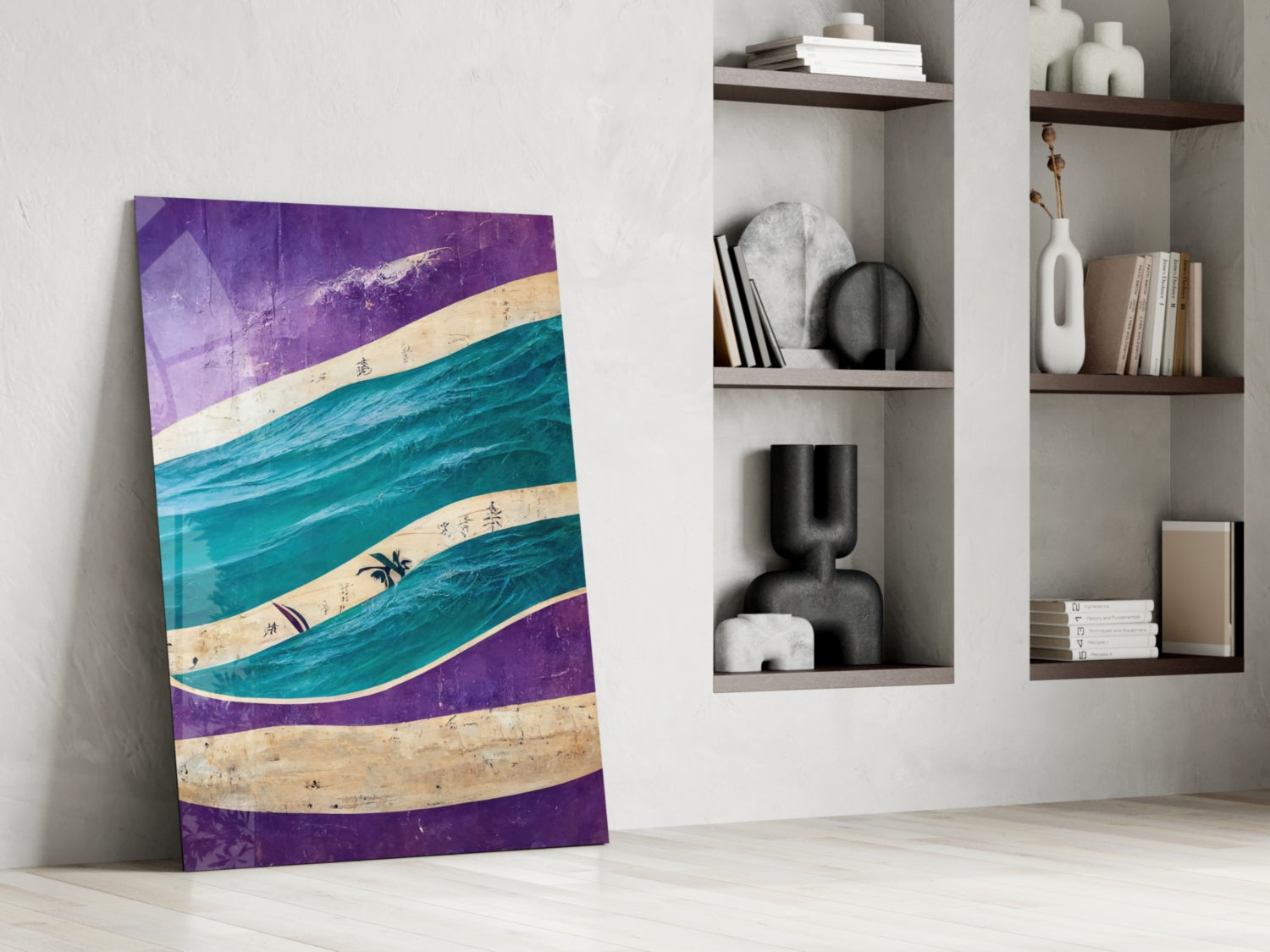 Angled view of purple, turquoise, and cream striped glass wall art leaning against white wall beside built-in shelving with decorative objects.