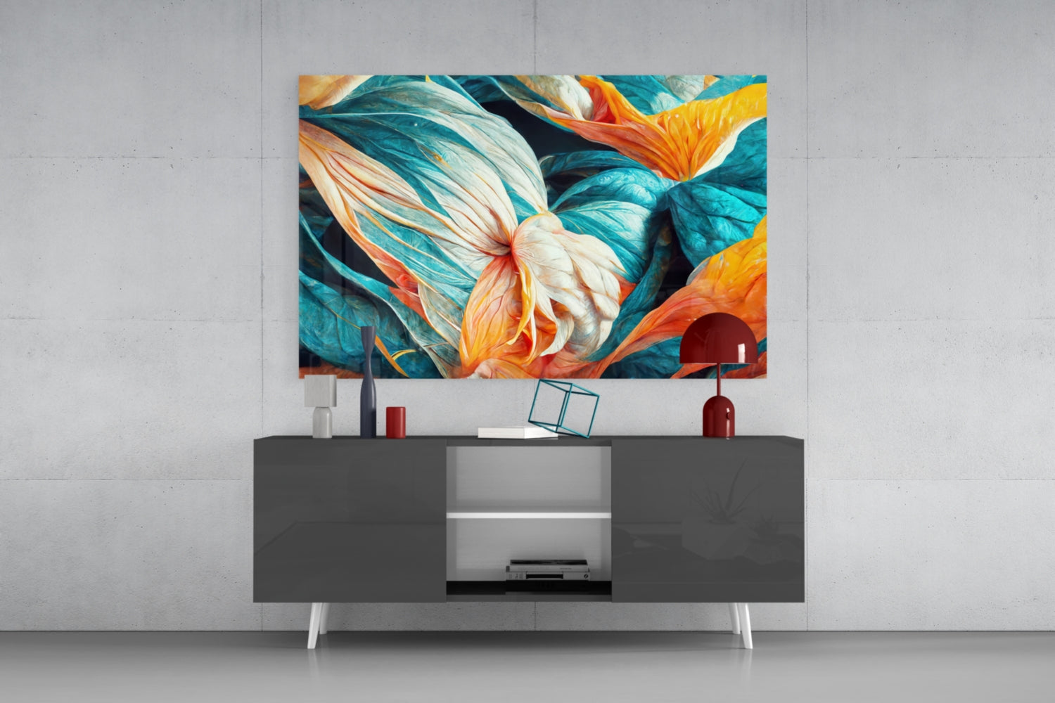 Colorful glass wall art featuring teal, orange, and yellow flowers displayed above a dark gray television console in a modern living room setting.