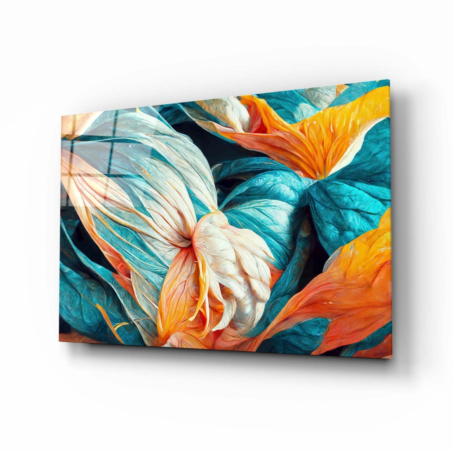 Angled product view of glass wall art featuring vibrant teal, orange, and cream painted flowers with dimensional depth and shadow effect.