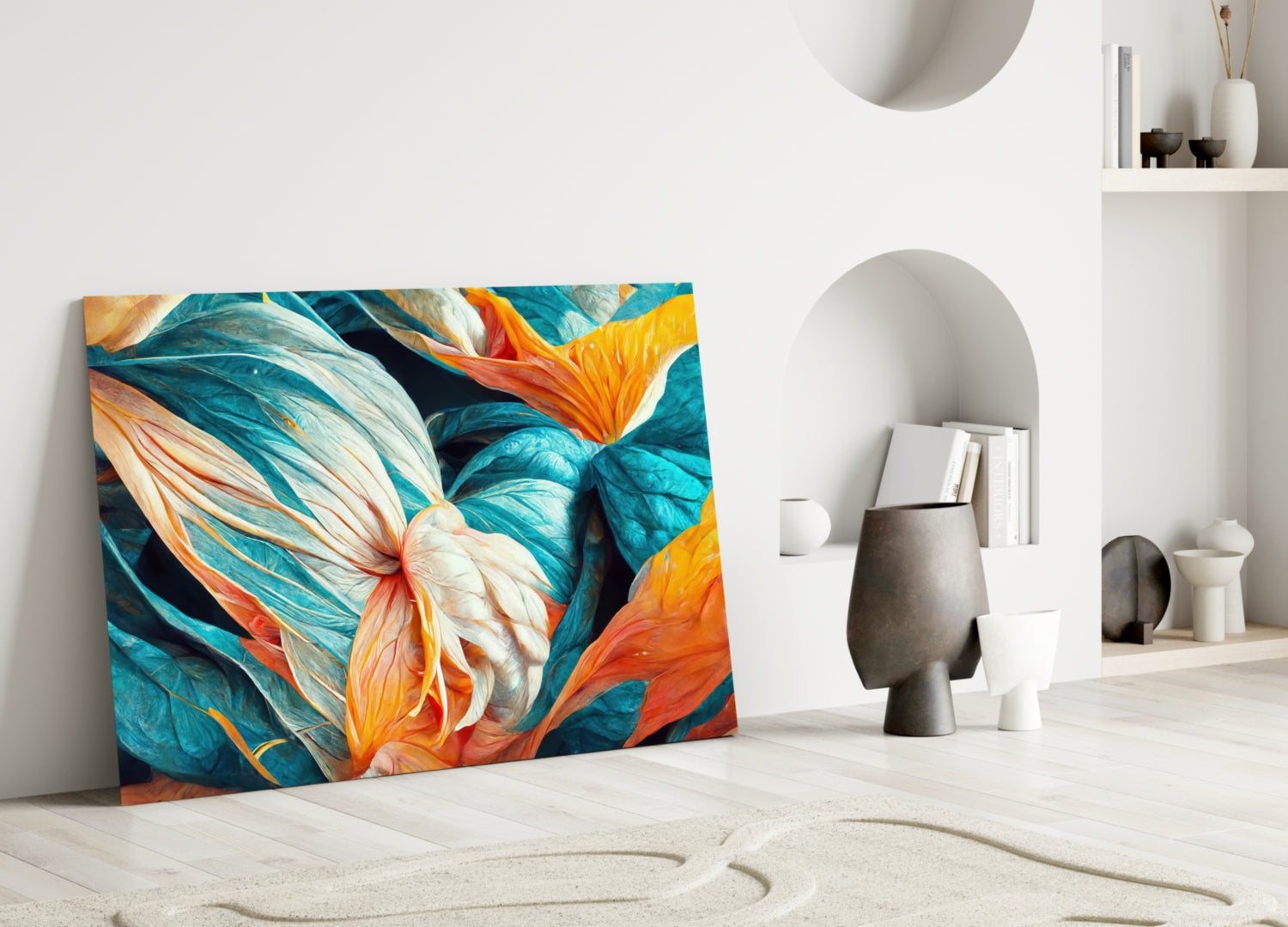 Colorful glass wall art featuring teal, orange, and yellow painted flowers leaning against white interior wall with shelving and decorative objects.